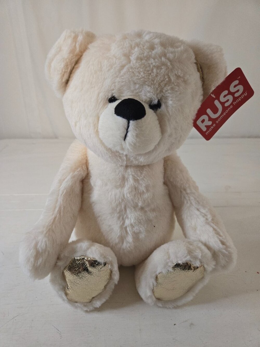 Kellytoy Russ Plush Stuffed Bear Off White Cream w Foil Silver Ears Feet 15" NWT